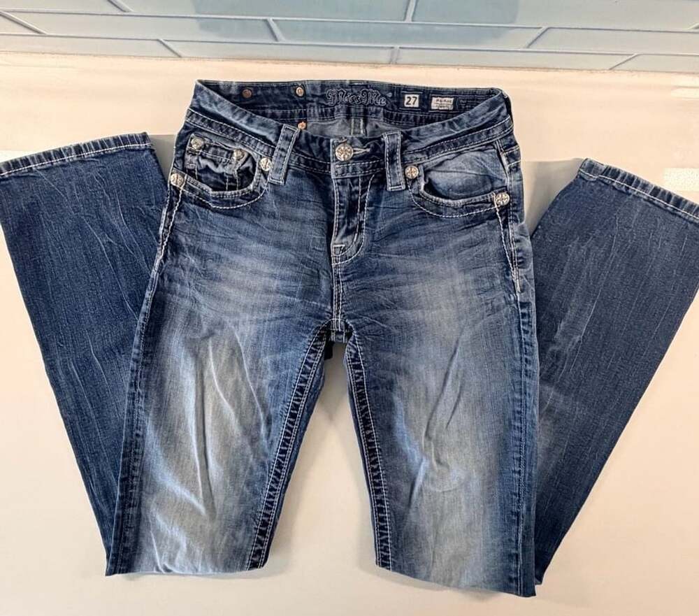 Miss Me Mid-Rise Bootcut Jeans Size 27 Blue Embellished